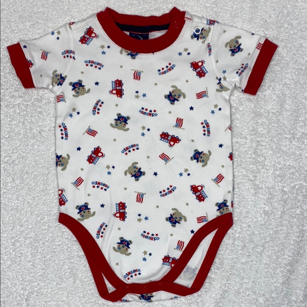 OshKosh B'gosh Baby Bodysuit Red White blue fire truck stars dog 12m